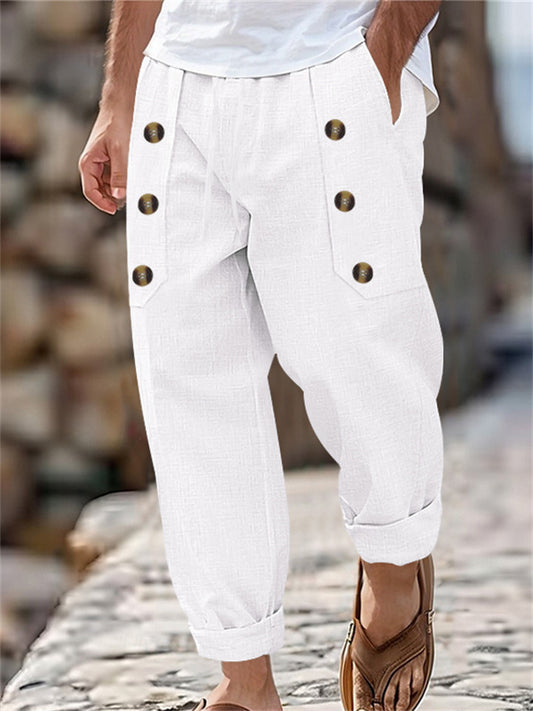 Casual Hawaii Beach Men's Casual Multi-button Cotton Linen Loose Pants