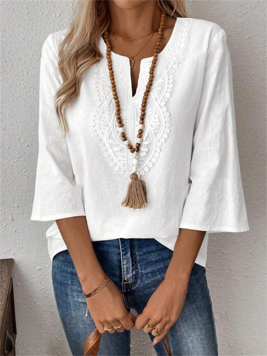 Women's Loose-Fit Solid-Color V-Neck Lace-Trimmed Solid-Color 3/4-Sleeve Shirt