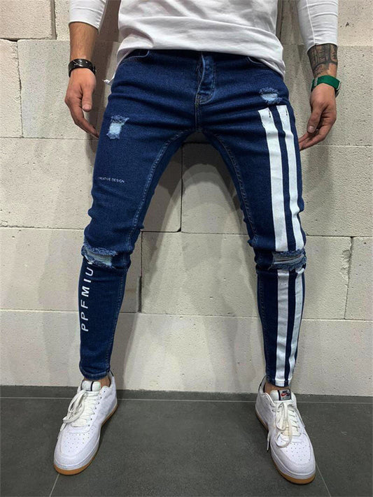 Men's Distressed Stretch Skinny Jeans Printed Denim Pants New Style