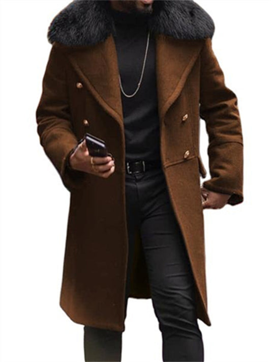 Winter New Casual Tweed Jacket Solid Color Slim Type Double-breasted Young Men's Lapel Hair Collar Coat
