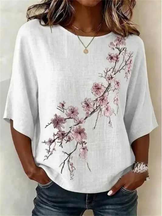 Women's Casual Top 3D Botanical Floral Print Three-Quarter Sleeve Slub Linen Shirt