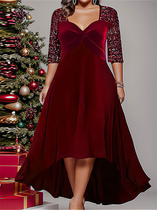 New Solid Color V-neck Long-sleeved Beaded Large Swing Dress Fall and Winter Large Size Women's Long Dresses