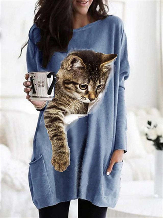 Women's Dresses Pattern Cat 3D Print Women's Pocket Long Sleeve Dress Blue Gray Pink Green Black White Khaki