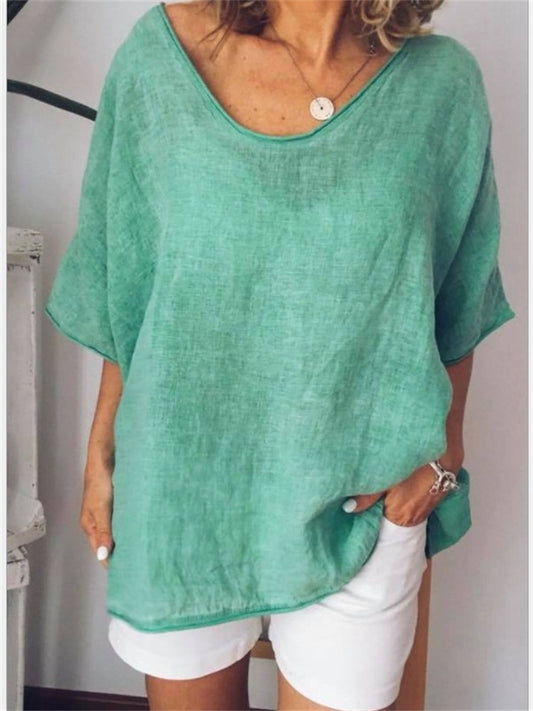 Women's New Summer Solid Color Loose-fitting Short-sleeve Casual Cotton-linen Blend T-shirt