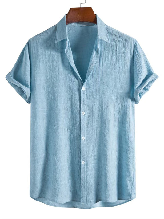 Men's Viscose Shirt Fashionable Solid-Color Shirt Subtle Checkered Short-Sleeve Shirt