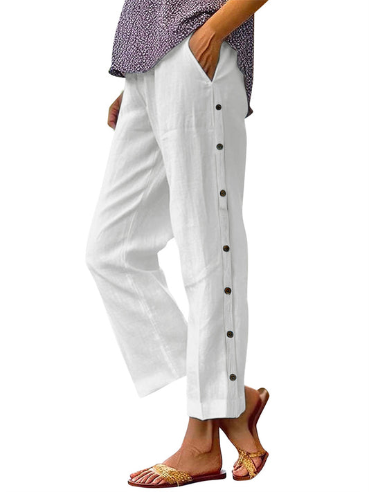 Women's New Style Cotton-Linen Breathable Cropped Pants with Side Button Fastening, Relaxed Fit Casual Pants