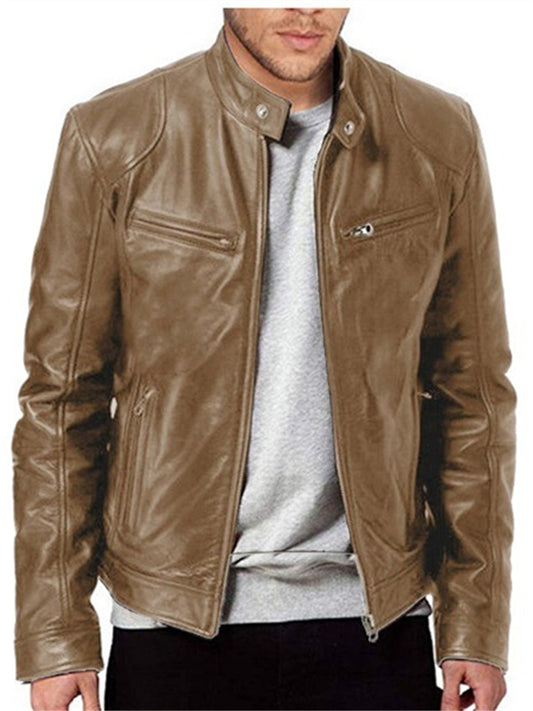 Men's Faux Leather Jacket Biker Jacket Motorcycle Jacket Thermal Warm Windproof Rain Waterproof Daily Wear Zipper Stand Collar Simple Casual Jacket Outerwear Solid Color Full Zip Black Brown