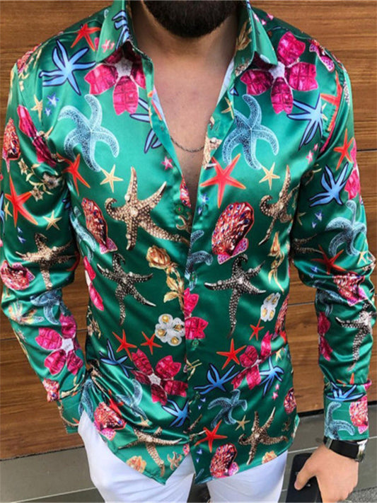 Starfish Fall and Winter Men's Striped Lapel Cardigan Striped Long-sleeved Shirt Green, Purple, Red, Blue
