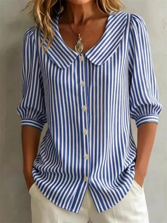 Women’s New Summer Shirt Striped Mid-Sleeve Loose-Fit V-Neck Shirt