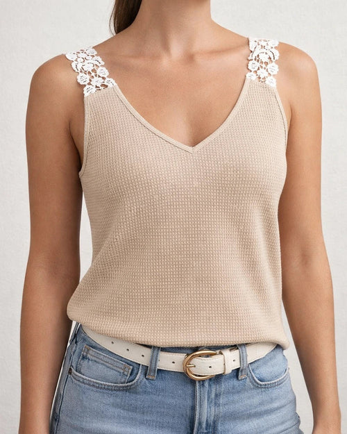 Female Summer New Waffle V-neck Sleeveless Lace Camouflage Undershirt T-shirt | JRSEE:d026b145-f641-45c5-a3cd-3351e1397623