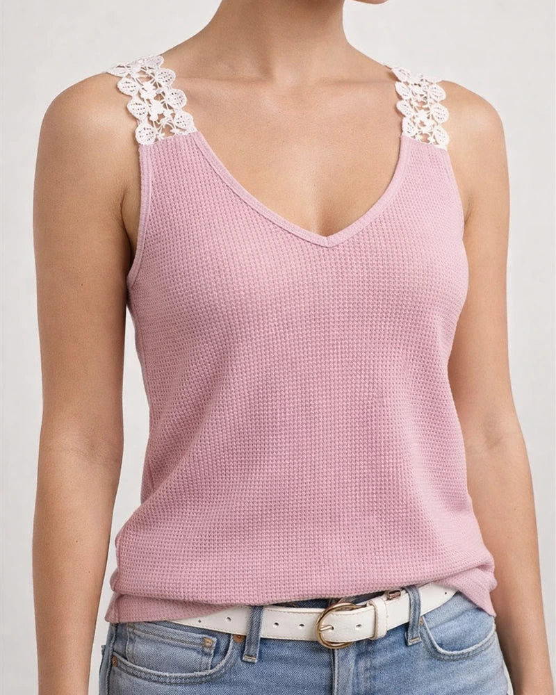 Female Summer New Waffle V-neck Sleeveless Lace Camouflage Undershirt T-shirt | JRSEE:16f2b612-5510-420b-a070-e390b2dd2107