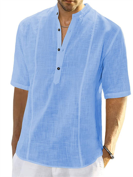 Men's Comfortable Casual Linen Shirt Medium Sleeve Men's Solid Color Tops S M L XL 2XL