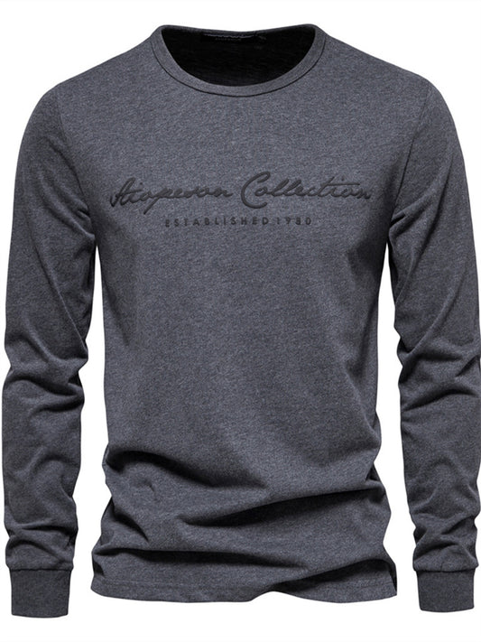 Men's New Solid Color T-Shirt Casual Crew Neck Cotton Letter Print Long Sleeve T-Shirt