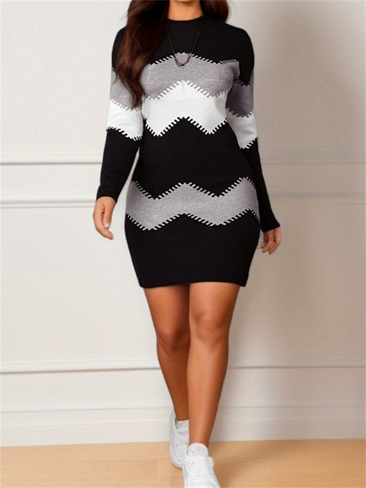 Women's Mid-Length Short Skirt Crew Neck Long Sleeve Printed Knit Bodycon Dress