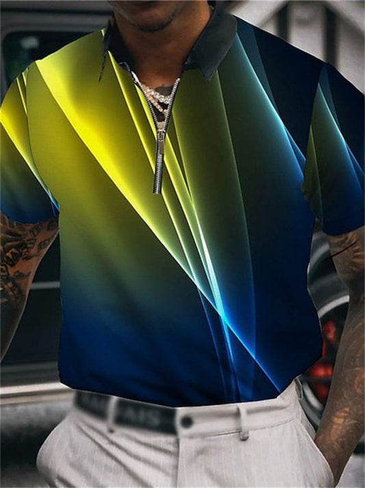 Zipper Short Sleeve Polo Shirt Gradient Pattern 3D Print Black