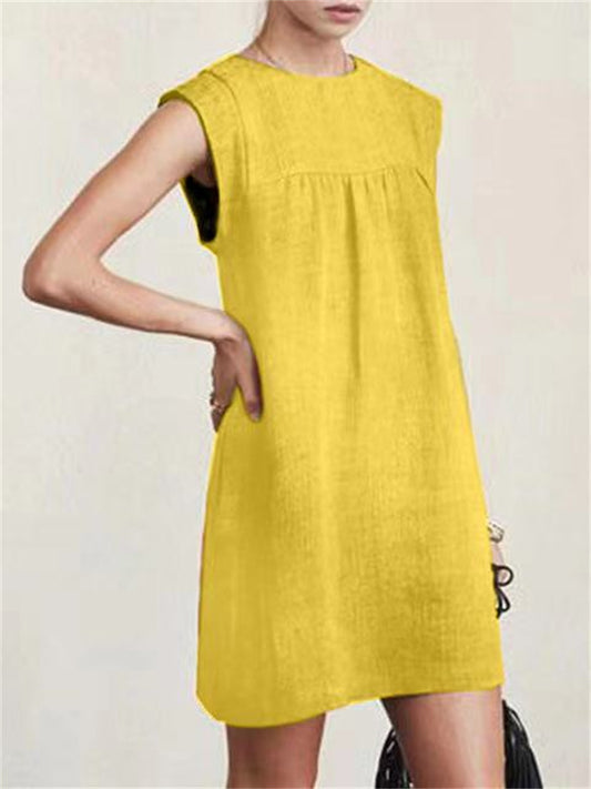 Loose Casual Solid Color Cotton Linen Short Dresses