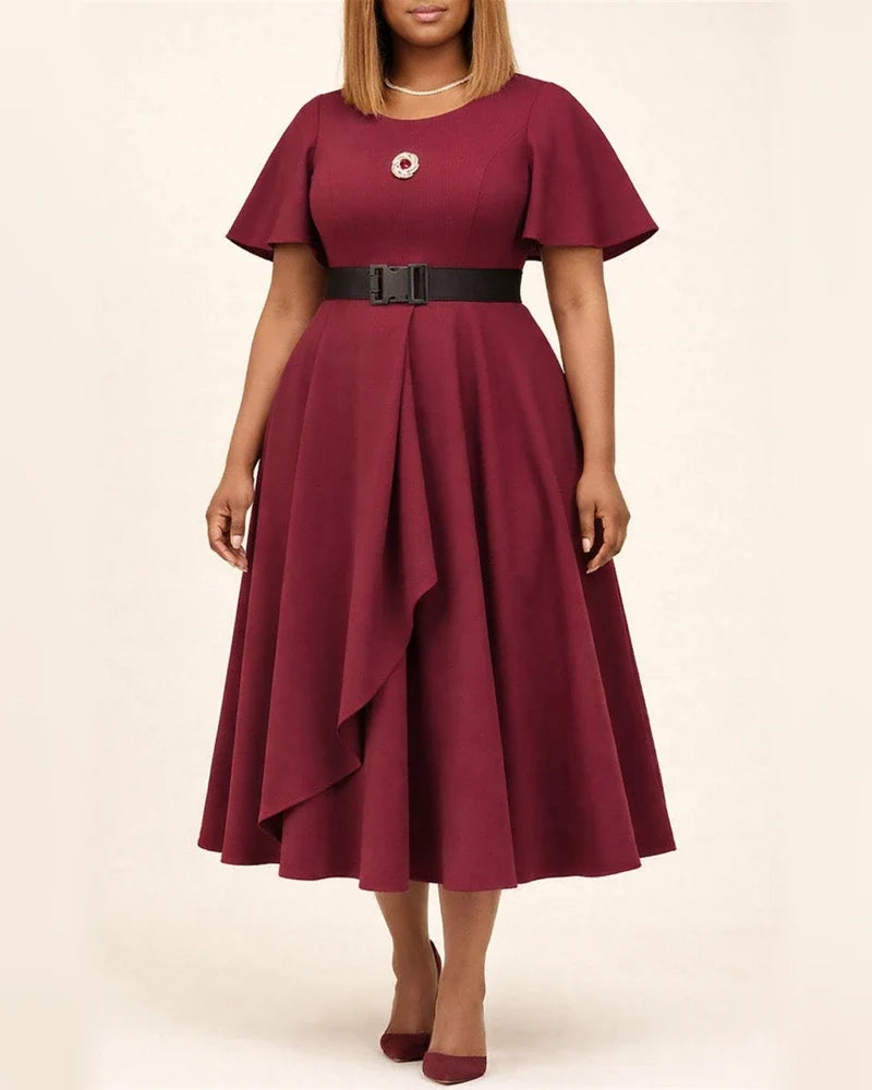 Flare Sleeve V-neck Solid Color Dress | JRSEE:e66f66b8-d2d4-41d2-9863-cdbc47c8953f