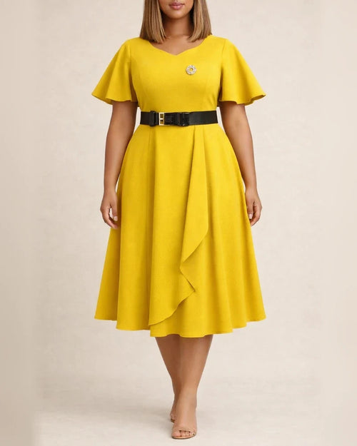 Flare Sleeve V-neck Solid Color Dress | JRSEE:fd1b1711-1a64-45fc-a56a-d26bb0ddbf60