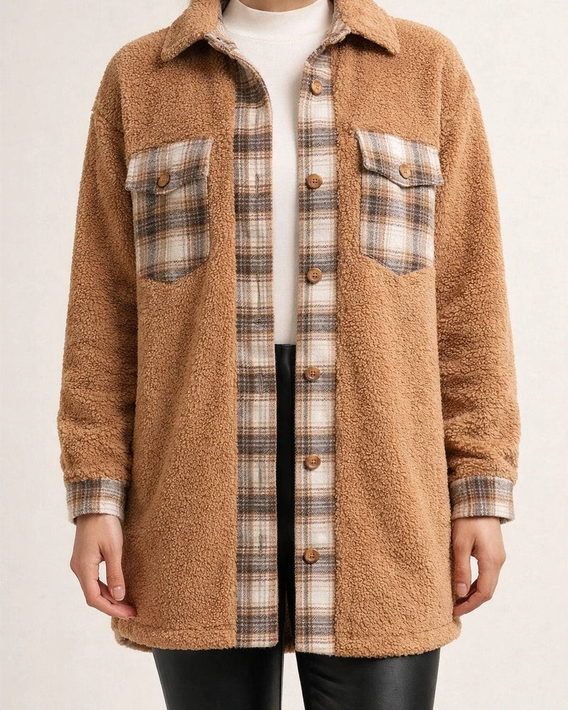 Flash Velvet Women's Fall and Winter New Lapel Medium-length Plaid Plush Jacket | JRSEE:8bd280a4-f901-4a96-943d-6dc6b3820923