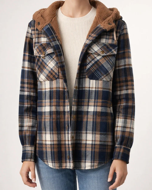 Fleece-Lined Checkered Hooded Wool-Blend Jacket (Women) | JRSEE:117dacd2-9593-4159-83a6-6d83674fe136