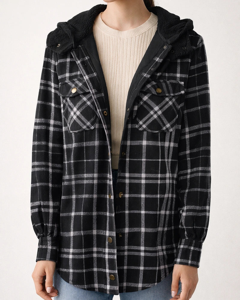 Fleece-Lined Checkered Hooded Wool-Blend Jacket (Women) | JRSEE:626d1563-c541-43bd-bb29-21cfc94c7087