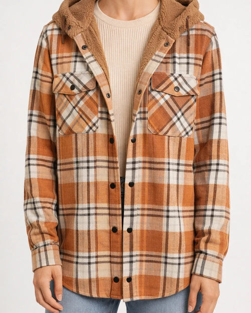 Fleece-Lined Checkered Hooded Wool-Blend Jacket (Women) | JRSEE:b0d0b98c-d464-4855-9b43-77dd2d807981