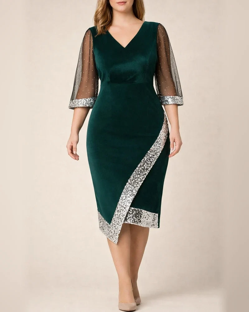 Golden Velvet Temperament Elegant V-neck Irregular Sequin See-through Mesh Ladies Dresses | JRSEE:95e29745-c867-4d05-bfe6-20139d2f29ab