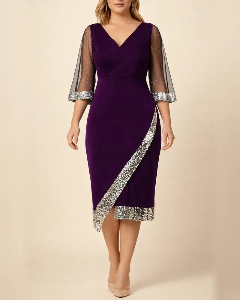 Golden Velvet Temperament Elegant V-neck Irregular Sequin See-through Mesh Ladies Dresses | JRSEE:50df5d40-9df9-4858-b8f6-0d892eef06cd