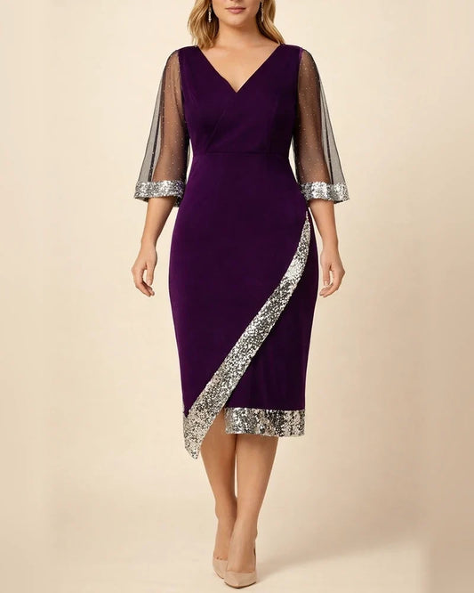 Golden Velvet Temperament Elegant V-neck Irregular Sequin See-through Mesh Ladies Dresses | JRSEE:50df5d40-9df9-4858-b8f6-0d892eef06cd