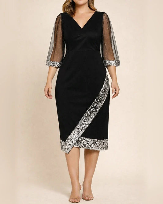 Golden Velvet Temperament Elegant V-neck Irregular Sequin See-through Mesh Ladies Dresses | JRSEE:75771eaa-916f-4479-a14b-4bf151305e0e