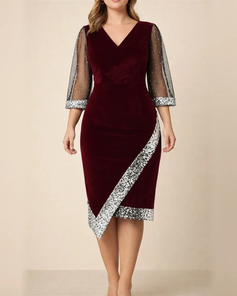 Golden Velvet Temperament Elegant V-neck Irregular Sequin See-through Mesh Ladies Dresses | JRSEE:00043344-22ef-461b-9628-04dd9d3069f7