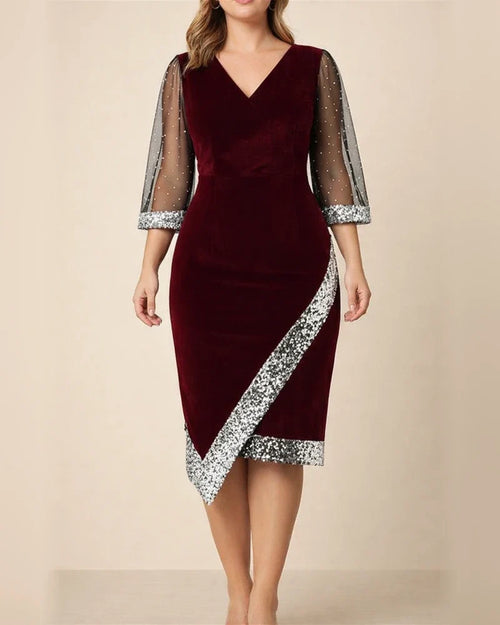 Golden Velvet Temperament Elegant V-neck Irregular Sequin See-through Mesh Ladies Dresses | JRSEE:00043344-22ef-461b-9628-04dd9d3069f7
