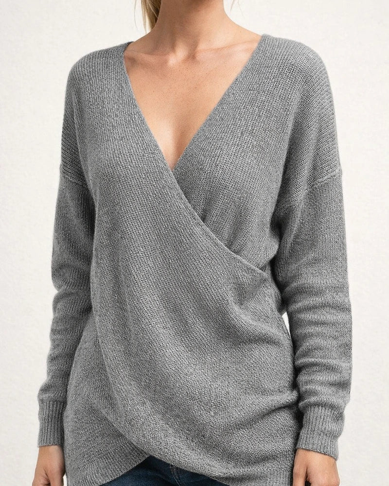 Gray V Neck Long Sleeve Sweater | JRSEE:e5d954c1-2958-4b2d-b179-734fbb3aa6ca