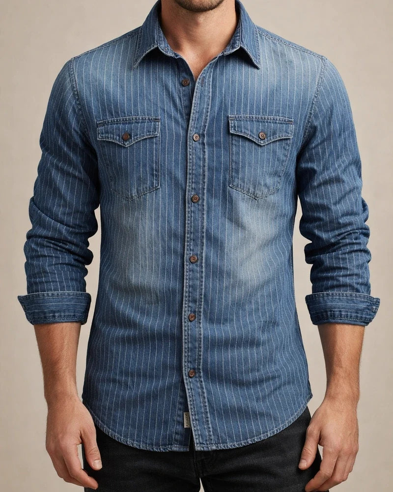 High-quality Heavy-duty Washed Old Striped Denim Shirt Men's Men's Lapel Wrinkle-resistant Wear-resistant Long-sleeved Shirt | JRSEE:7fa3c880-1949-4b89-b99c-915ce6f41934