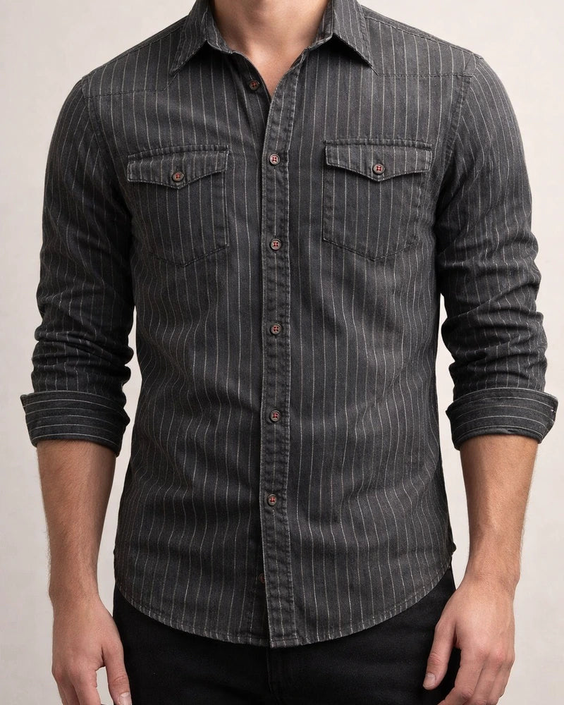 High-quality Heavy-duty Washed Old Striped Denim Shirt Men's Men's Lapel Wrinkle-resistant Wear-resistant Long-sleeved Shirt | JRSEE:b5fe5368-1c88-4558-9ca6-2fce81a48204
