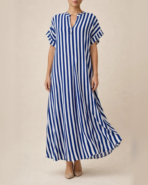 Hot Spring and Summer New Women's Sleeves Striped Plaid Print Loose Waist V-neck Open Large Hem Long OL Commuter Dresses | JRSEE:72ccb856-8c75-44c1-a4bd-c4eac27ac752
