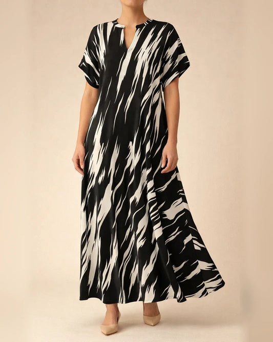 Hot Spring and Summer New Women's Sleeves Striped Plaid Print Loose Waist V-neck Open Large Hem Long OL Commuter Dresses | JRSEE:de99262c-e913-460b-aa8c-ee8e38dde514