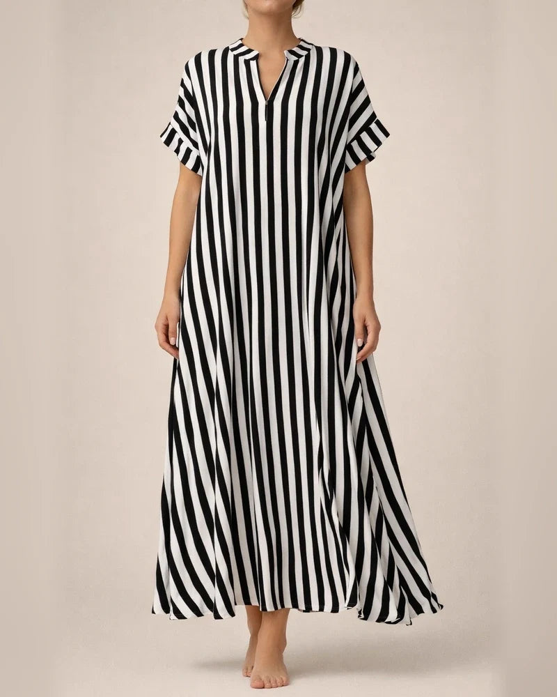 Hot Spring and Summer New Women's Sleeves Striped Plaid Print Loose Waist V-neck Open Large Hem Long OL Commuter Dresses | JRSEE:b6bb18ea-193b-46b7-b74a-2e42d506a85d