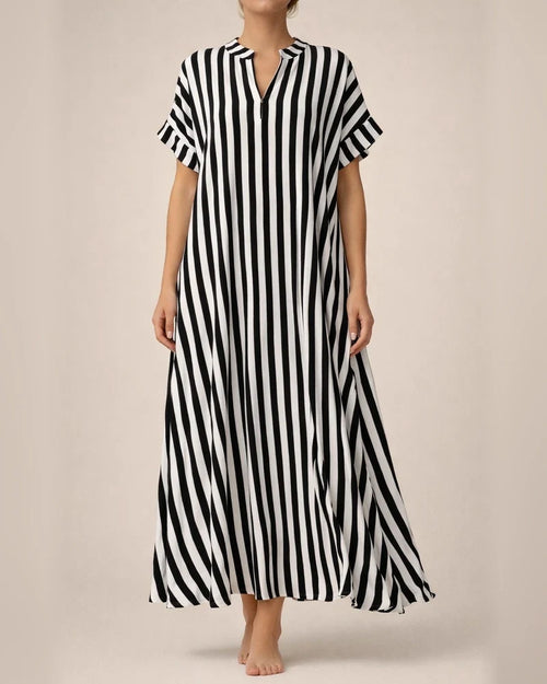 Hot Spring and Summer New Women's Sleeves Striped Plaid Print Loose Waist V-neck Open Large Hem Long OL Commuter Dresses | JRSEE:b6bb18ea-193b-46b7-b74a-2e42d506a85d