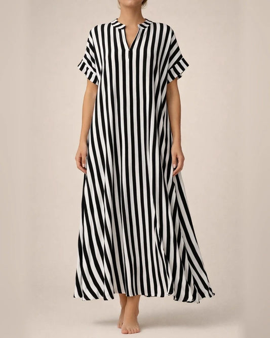 Hot Spring and Summer New Women's Sleeves Striped Plaid Print Loose Waist V-neck Open Large Hem Long OL Commuter Dresses | JRSEE:b6bb18ea-193b-46b7-b74a-2e42d506a85d