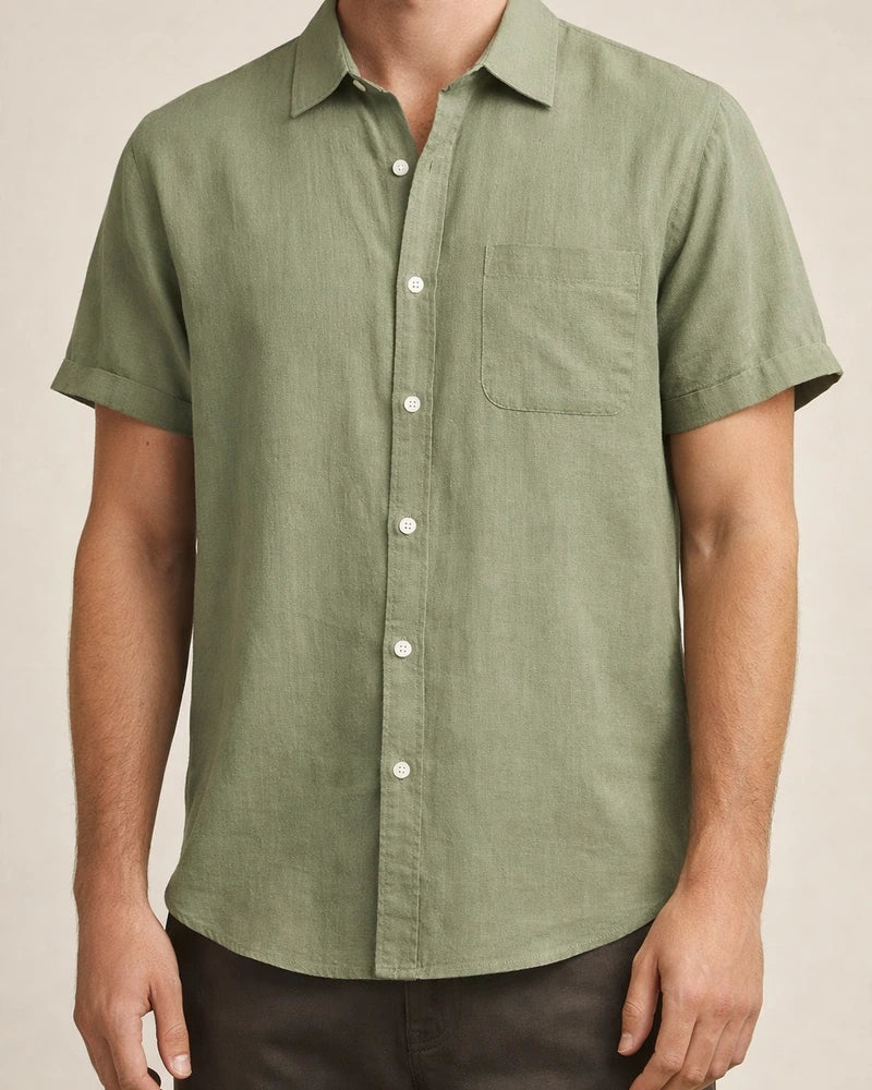 Hot Summer Lapel Solid Color Short Sleeve Button Men's Linen Shirt | JRSEE:160dee48-362f-4b20-b389-193446ae9f1b