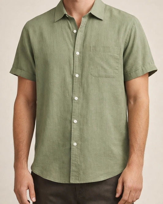 Hot Summer Lapel Solid Color Short Sleeve Button Men's Linen Shirt | JRSEE:160dee48-362f-4b20-b389-193446ae9f1b