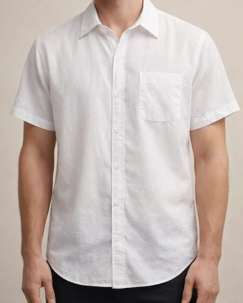 Hot Summer Lapel Solid Color Short Sleeve Button Men's Linen Shirt | JRSEE:d000103a-89cf-4bb0-a6af-8ad53e00293b