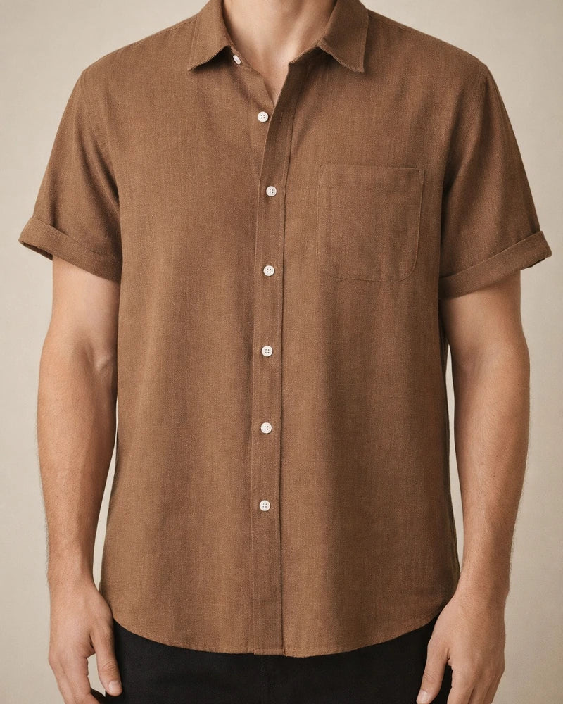 Hot Summer Lapel Solid Color Short Sleeve Button Men's Linen Shirt | JRSEE:cdbbb8c7-9e67-4de3-926f-e06f9e818212