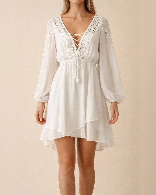 Lace Crochet Openwork V-neck Strap Chiffon White Dresses | JRSEE:f44da272-4975-49e3-ad2d-5586bffca4b4