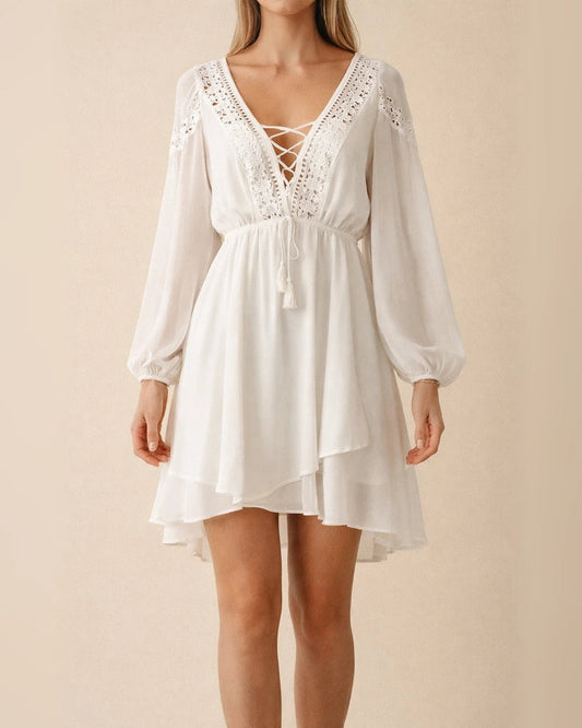Lace Crochet Openwork V-neck Strap Chiffon White Dresses | JRSEE:f44da272-4975-49e3-ad2d-5586bffca4b4