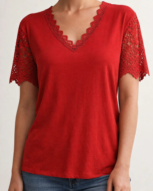 Lace Lace Splicing Loose V-neck Short-sleeved T-shirt | JRSEE:55c6bf84-a0eb-45d0-9cde-2bdc2e269685
