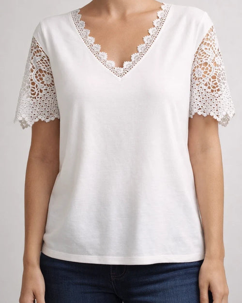 Lace Lace Splicing Loose V-neck Short-sleeved T-shirt | JRSEE:0194ce5f-ec9d-4351-841a-8f1db4e94973