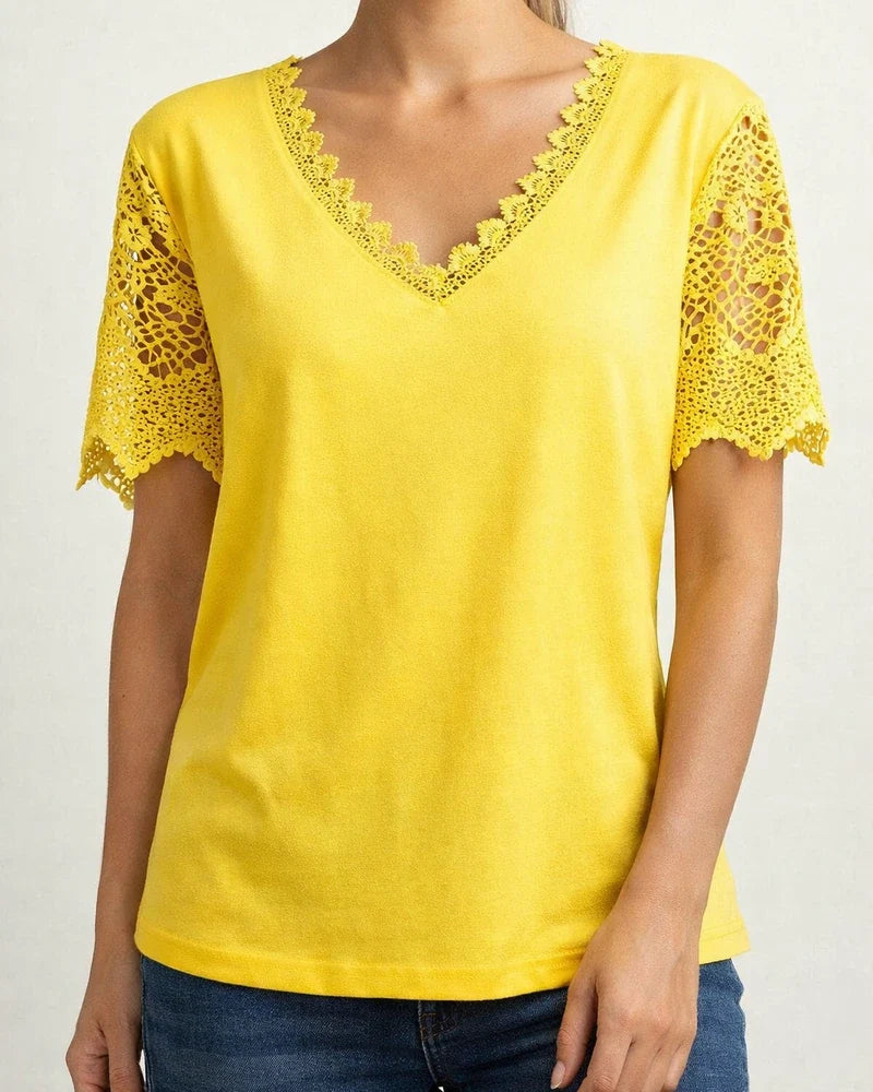 Lace Lace Splicing Loose V-neck Short-sleeved T-shirt | JRSEE:61c1a80f-c7ec-4bf8-83ae-ab0b7dd6d66d
