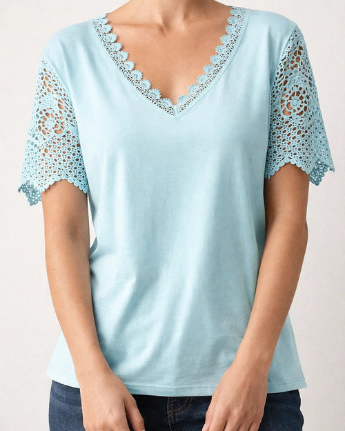 Lace Lace Splicing Loose V-neck Short-sleeved T-shirt | JRSEE:c3abe13c-0981-4c94-bb42-0f4417bb24da